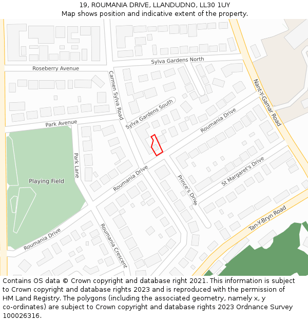 19, ROUMANIA DRIVE, LLANDUDNO, LL30 1UY: Location map and indicative extent of plot