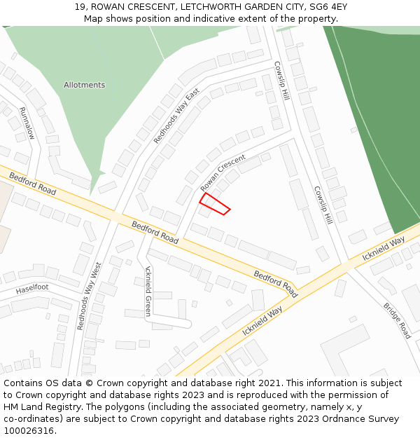 19, ROWAN CRESCENT, LETCHWORTH GARDEN CITY, SG6 4EY: Location map and indicative extent of plot