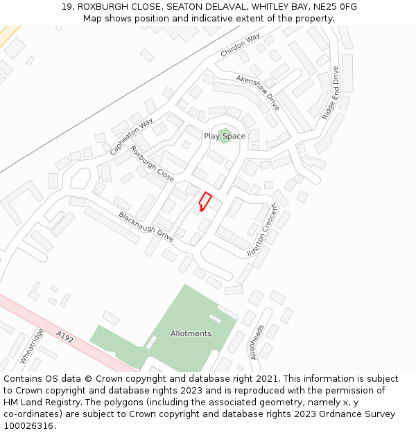 19, ROXBURGH CLOSE, SEATON DELAVAL, WHITLEY BAY, NE25 0FG: Location map and indicative extent of plot