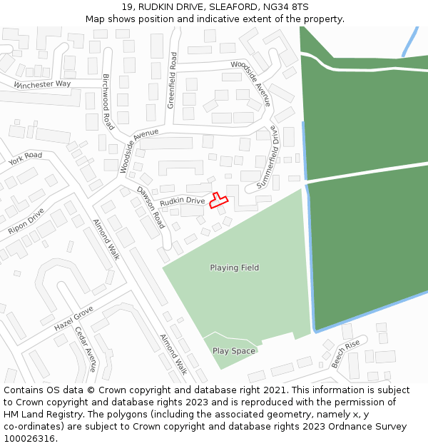 19, RUDKIN DRIVE, SLEAFORD, NG34 8TS: Location map and indicative extent of plot