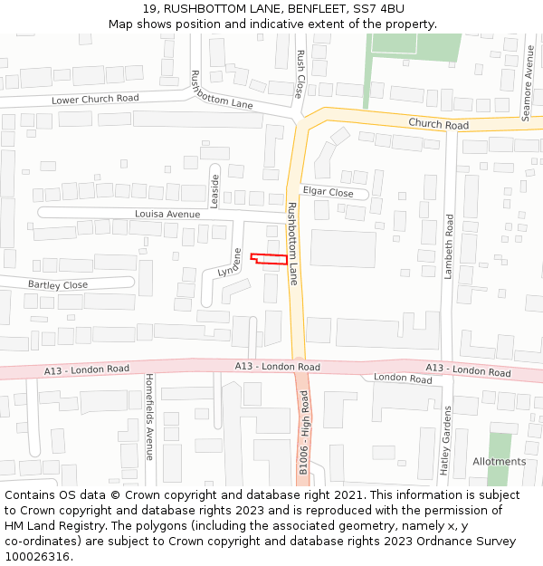 19, RUSHBOTTOM LANE, BENFLEET, SS7 4BU: Location map and indicative extent of plot