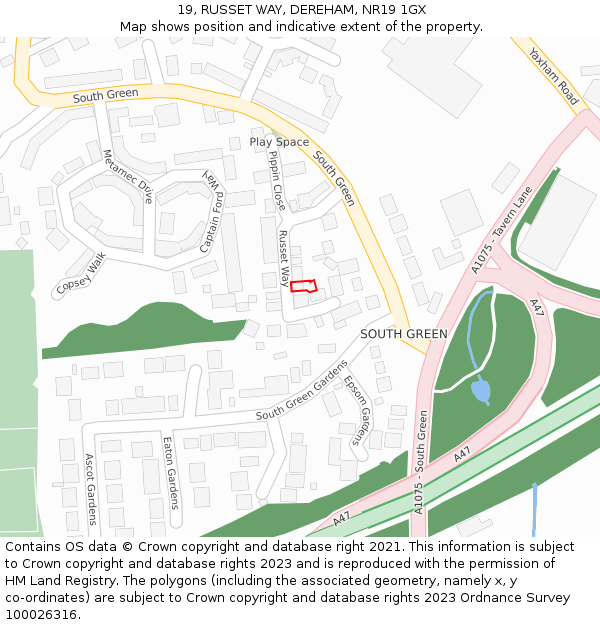 19, RUSSET WAY, DEREHAM, NR19 1GX: Location map and indicative extent of plot