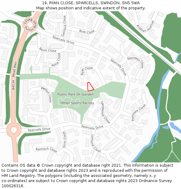 19, RYAN CLOSE, SPARCELLS, SWINDON, SN5 5WA: Location map and indicative extent of plot