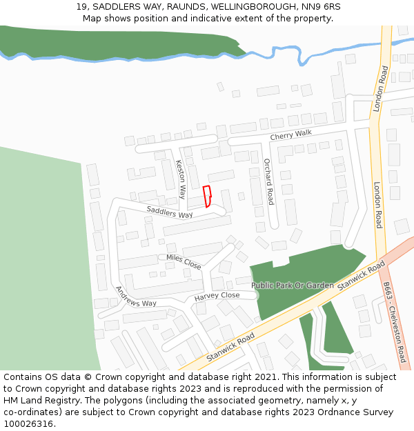 19, SADDLERS WAY, RAUNDS, WELLINGBOROUGH, NN9 6RS: Location map and indicative extent of plot