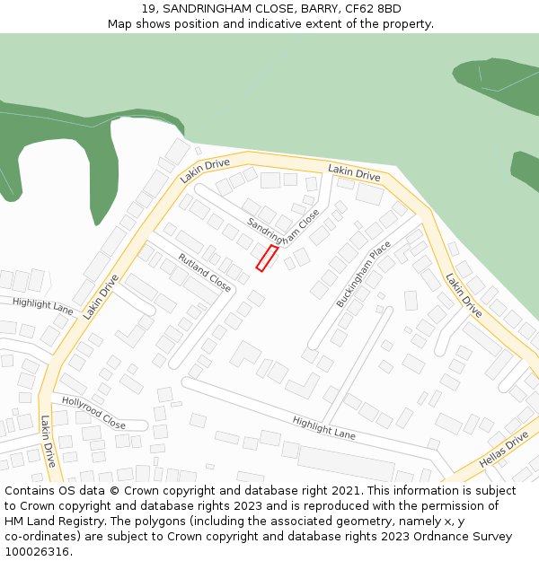 19, SANDRINGHAM CLOSE, BARRY, CF62 8BD: Location map and indicative extent of plot