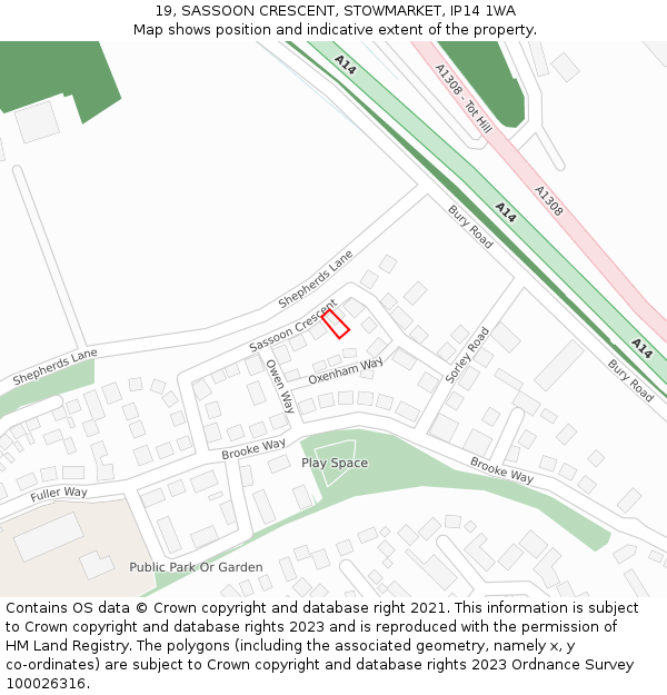 19, SASSOON CRESCENT, STOWMARKET, IP14 1WA: Location map and indicative extent of plot
