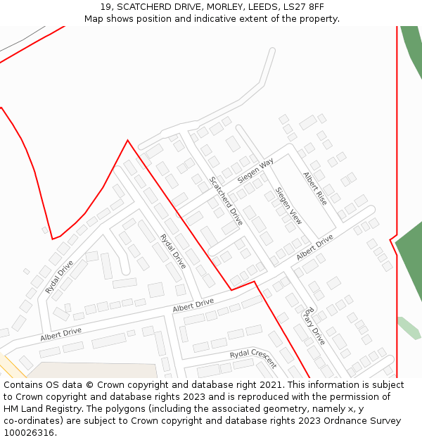 19, SCATCHERD DRIVE, MORLEY, LEEDS, LS27 8FF: Location map and indicative extent of plot