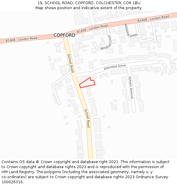 19, SCHOOL ROAD, COPFORD, COLCHESTER, CO6 1BU: Location map and indicative extent of plot