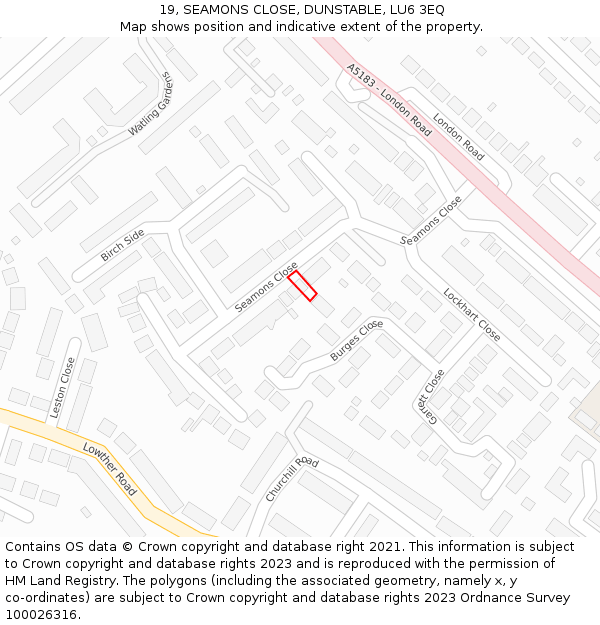 19, SEAMONS CLOSE, DUNSTABLE, LU6 3EQ: Location map and indicative extent of plot