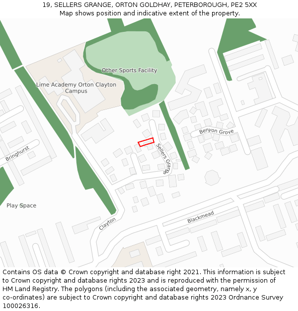 19, SELLERS GRANGE, ORTON GOLDHAY, PETERBOROUGH, PE2 5XX: Location map and indicative extent of plot