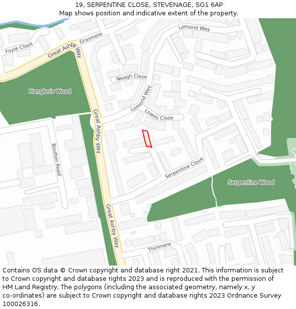 19, SERPENTINE CLOSE, STEVENAGE, SG1 6AP: Location map and indicative extent of plot