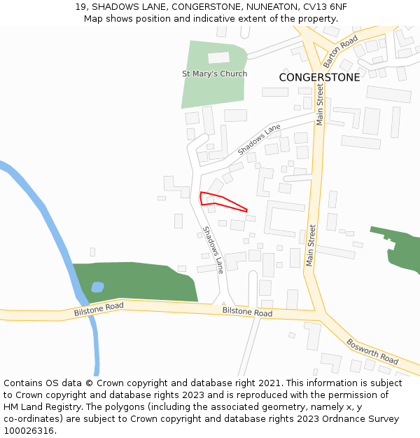 19, SHADOWS LANE, CONGERSTONE, NUNEATON, CV13 6NF: Location map and indicative extent of plot