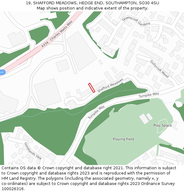 19, SHAFFORD MEADOWS, HEDGE END, SOUTHAMPTON, SO30 4SU: Location map and indicative extent of plot