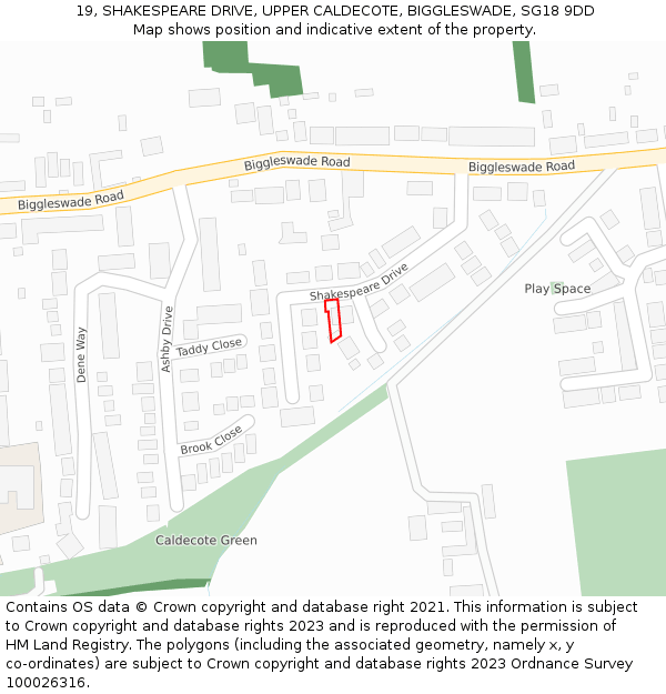 19, SHAKESPEARE DRIVE, UPPER CALDECOTE, BIGGLESWADE, SG18 9DD: Location map and indicative extent of plot