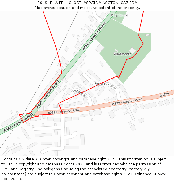 19, SHEILA FELL CLOSE, ASPATRIA, WIGTON, CA7 3DA: Location map and indicative extent of plot