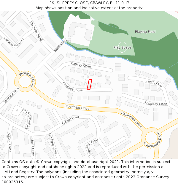 19, SHEPPEY CLOSE, CRAWLEY, RH11 9HB: Location map and indicative extent of plot