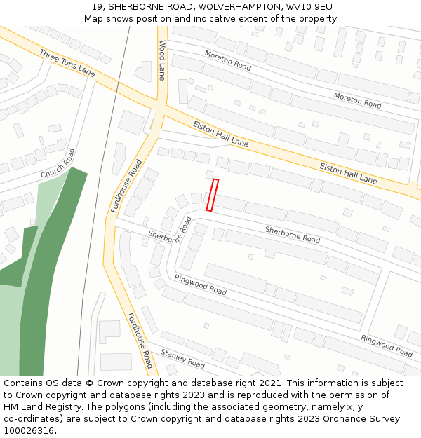 19, SHERBORNE ROAD, WOLVERHAMPTON, WV10 9EU: Location map and indicative extent of plot