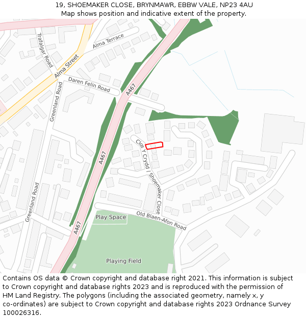 19, SHOEMAKER CLOSE, BRYNMAWR, EBBW VALE, NP23 4AU: Location map and indicative extent of plot