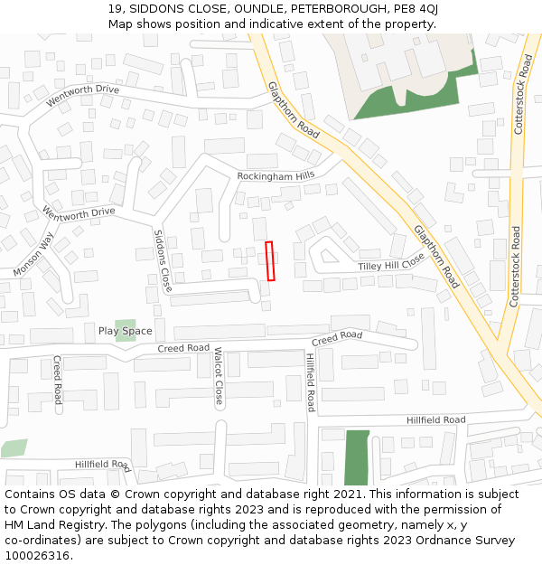 19, SIDDONS CLOSE, OUNDLE, PETERBOROUGH, PE8 4QJ: Location map and indicative extent of plot