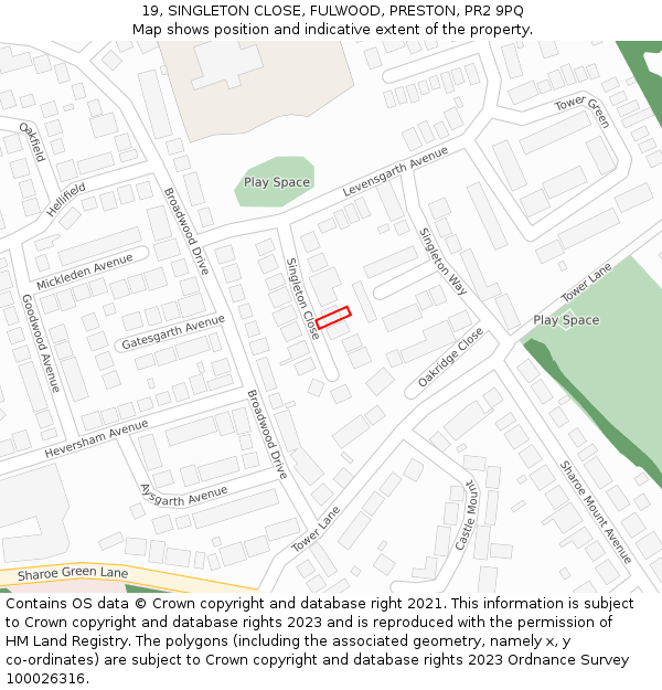 19, SINGLETON CLOSE, FULWOOD, PRESTON, PR2 9PQ: Location map and indicative extent of plot