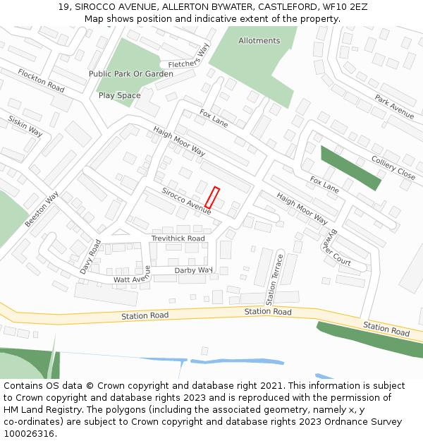 19, SIROCCO AVENUE, ALLERTON BYWATER, CASTLEFORD, WF10 2EZ: Location map and indicative extent of plot