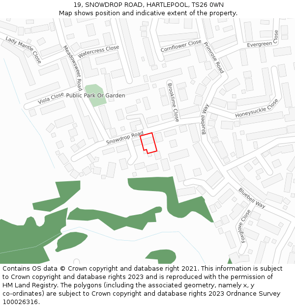 19, SNOWDROP ROAD, HARTLEPOOL, TS26 0WN: Location map and indicative extent of plot
