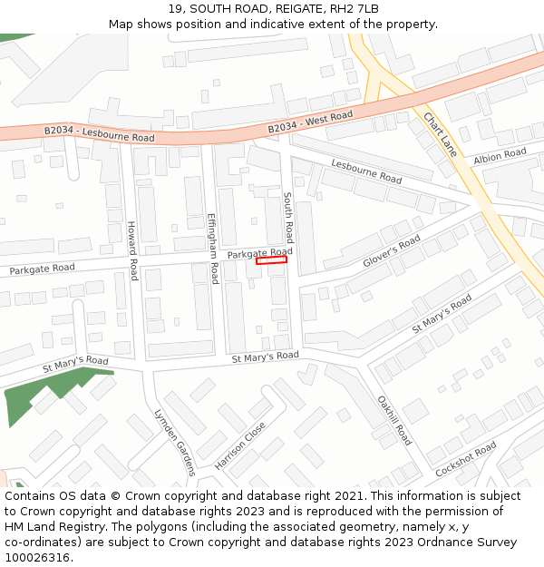 19, SOUTH ROAD, REIGATE, RH2 7LB: Location map and indicative extent of plot