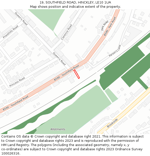 19, SOUTHFIELD ROAD, HINCKLEY, LE10 1UA: Location map and indicative extent of plot