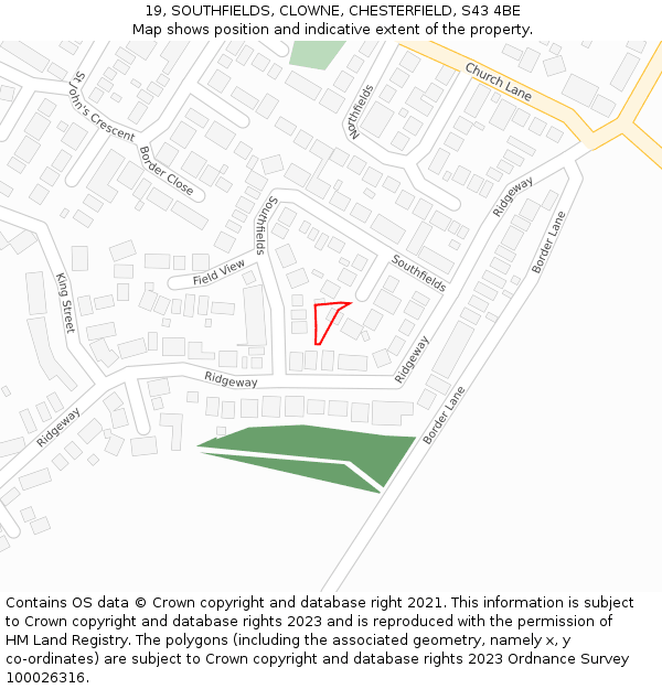 19, SOUTHFIELDS, CLOWNE, CHESTERFIELD, S43 4BE: Location map and indicative extent of plot