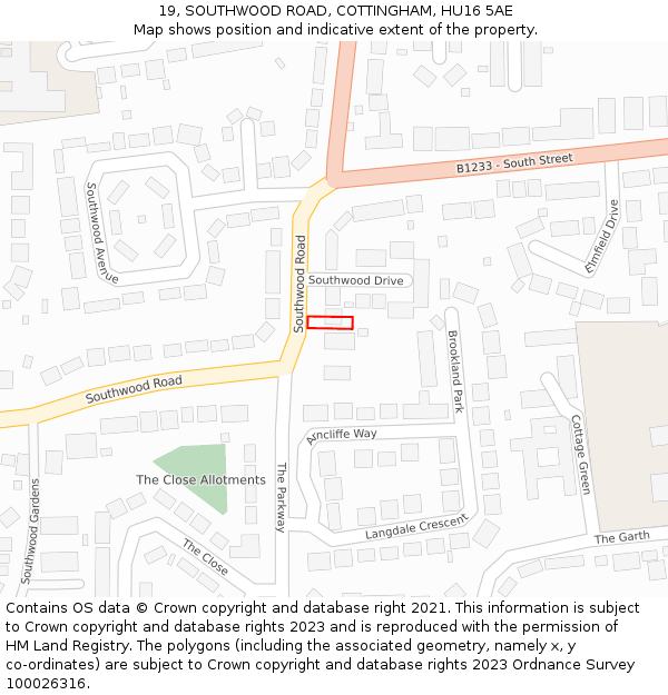 19, SOUTHWOOD ROAD, COTTINGHAM, HU16 5AE: Location map and indicative extent of plot