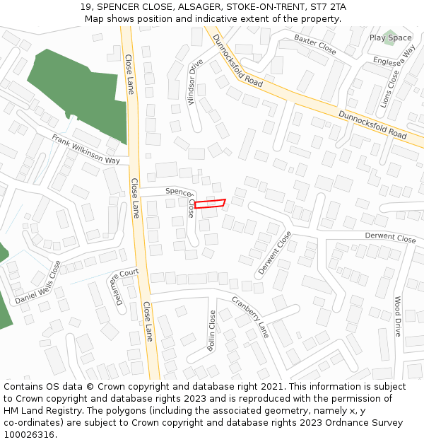 19, SPENCER CLOSE, ALSAGER, STOKE-ON-TRENT, ST7 2TA: Location map and indicative extent of plot