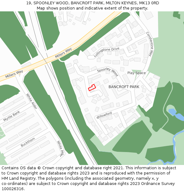 19, SPOONLEY WOOD, BANCROFT PARK, MILTON KEYNES, MK13 0RD: Location map and indicative extent of plot