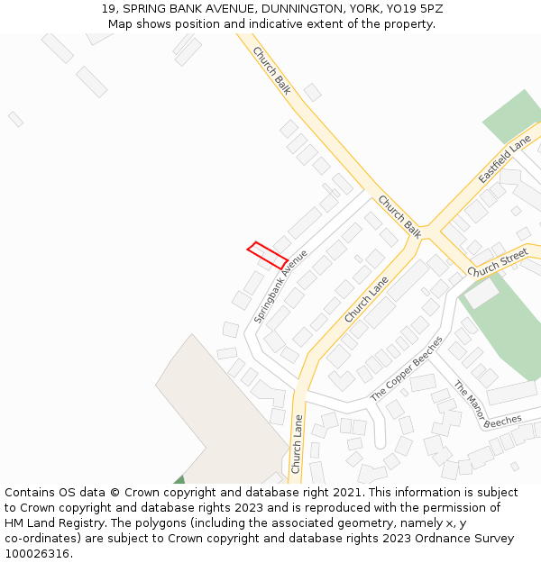 19, SPRING BANK AVENUE, DUNNINGTON, YORK, YO19 5PZ: Location map and indicative extent of plot