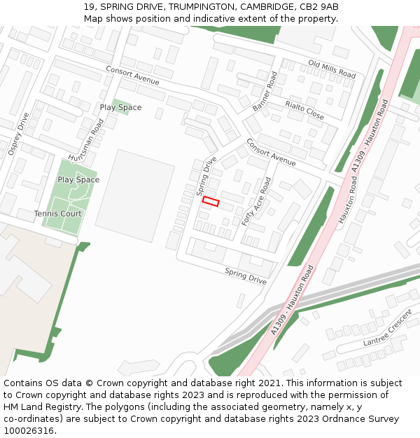 19, SPRING DRIVE, TRUMPINGTON, CAMBRIDGE, CB2 9AB: Location map and indicative extent of plot