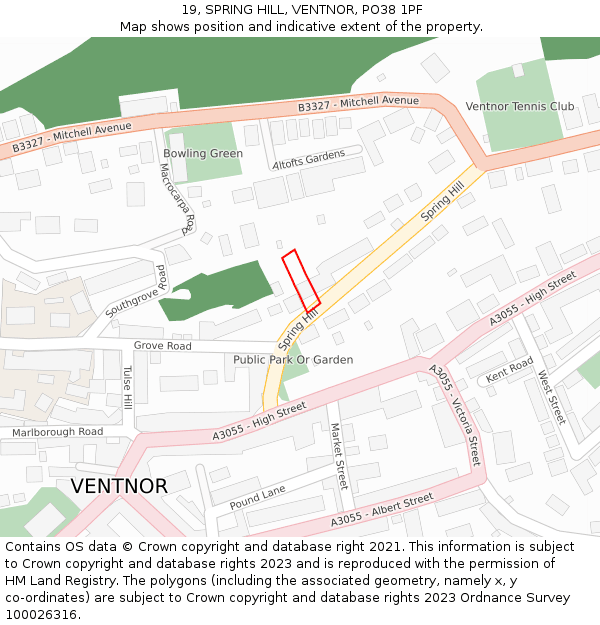 19, SPRING HILL, VENTNOR, PO38 1PF: Location map and indicative extent of plot