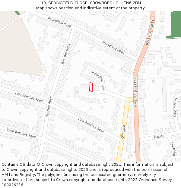 19, SPRINGFIELD CLOSE, CROWBOROUGH, TN6 2BN: Location map and indicative extent of plot