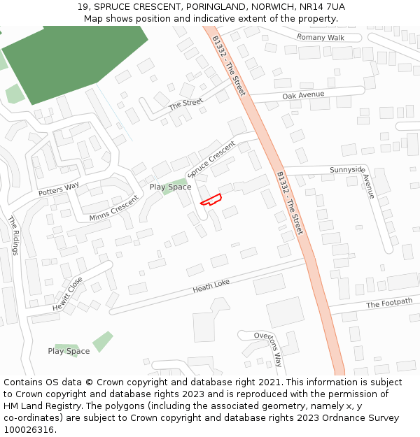 19, SPRUCE CRESCENT, PORINGLAND, NORWICH, NR14 7UA: Location map and indicative extent of plot