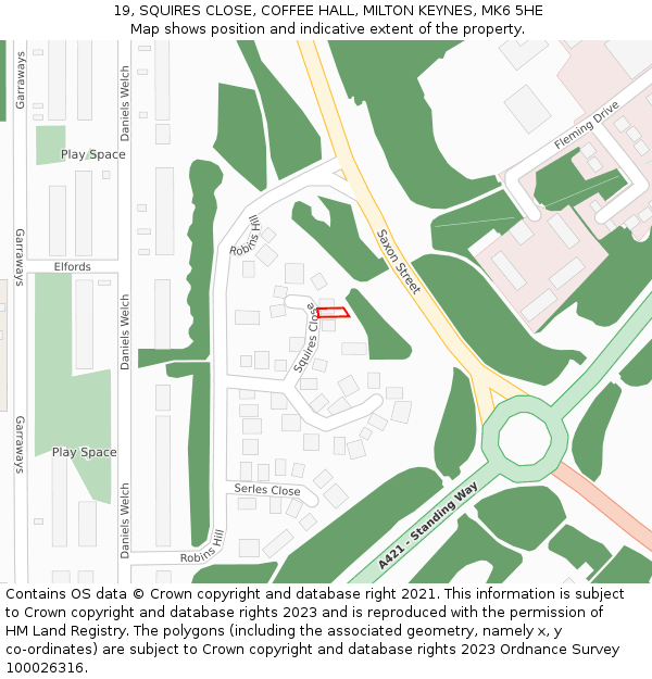 19, SQUIRES CLOSE, COFFEE HALL, MILTON KEYNES, MK6 5HE: Location map and indicative extent of plot