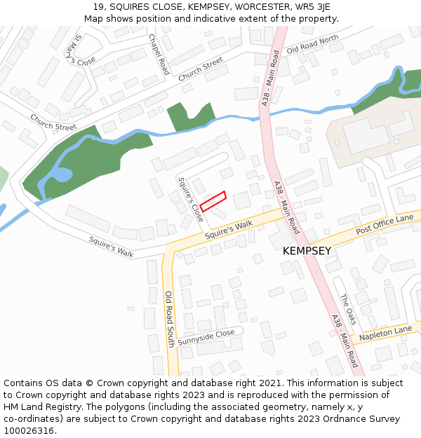 19, SQUIRES CLOSE, KEMPSEY, WORCESTER, WR5 3JE: Location map and indicative extent of plot