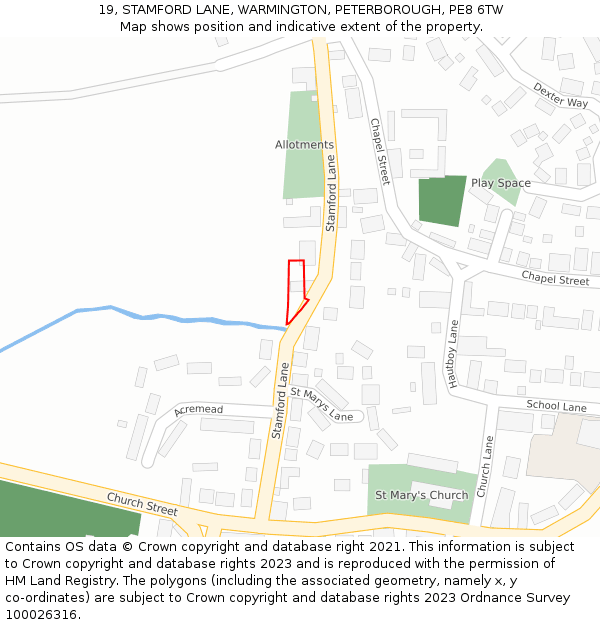 19, STAMFORD LANE, WARMINGTON, PETERBOROUGH, PE8 6TW: Location map and indicative extent of plot