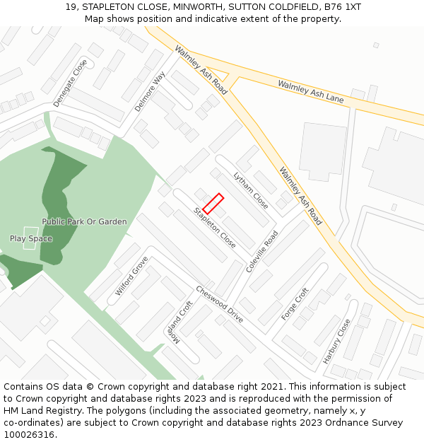 19, STAPLETON CLOSE, MINWORTH, SUTTON COLDFIELD, B76 1XT: Location map and indicative extent of plot