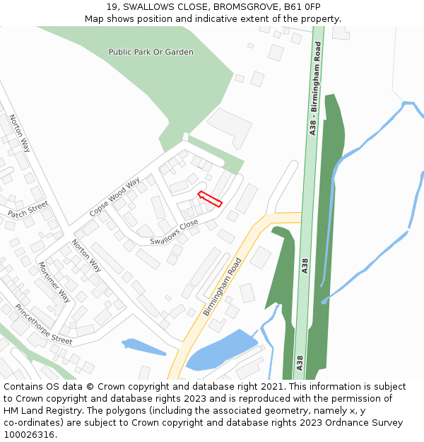 19, SWALLOWS CLOSE, BROMSGROVE, B61 0FP: Location map and indicative extent of plot