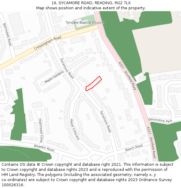 19, SYCAMORE ROAD, READING, RG2 7LX: Location map and indicative extent of plot