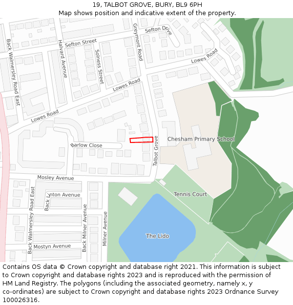 19, TALBOT GROVE, BURY, BL9 6PH: Location map and indicative extent of plot