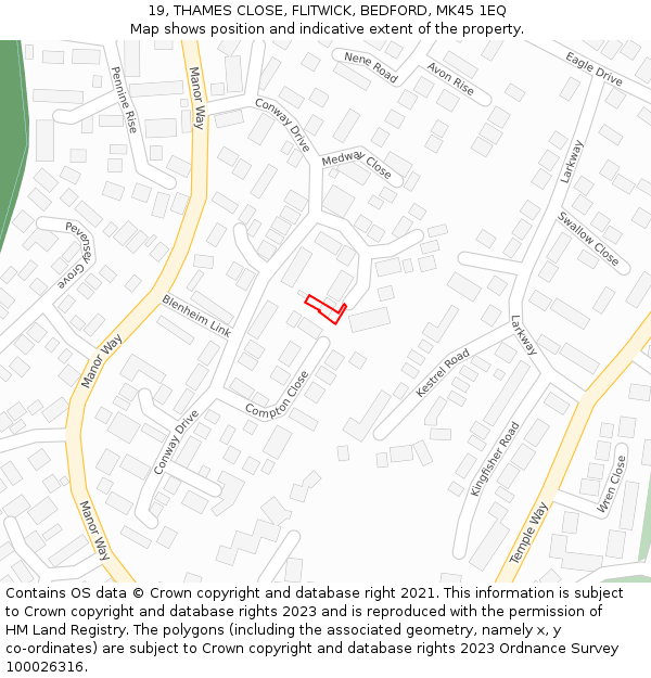 19, THAMES CLOSE, FLITWICK, BEDFORD, MK45 1EQ: Location map and indicative extent of plot