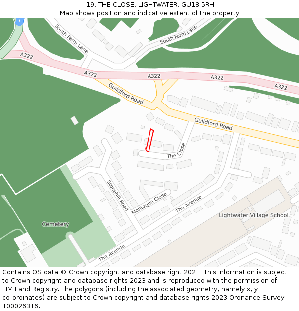 19, THE CLOSE, LIGHTWATER, GU18 5RH: Location map and indicative extent of plot