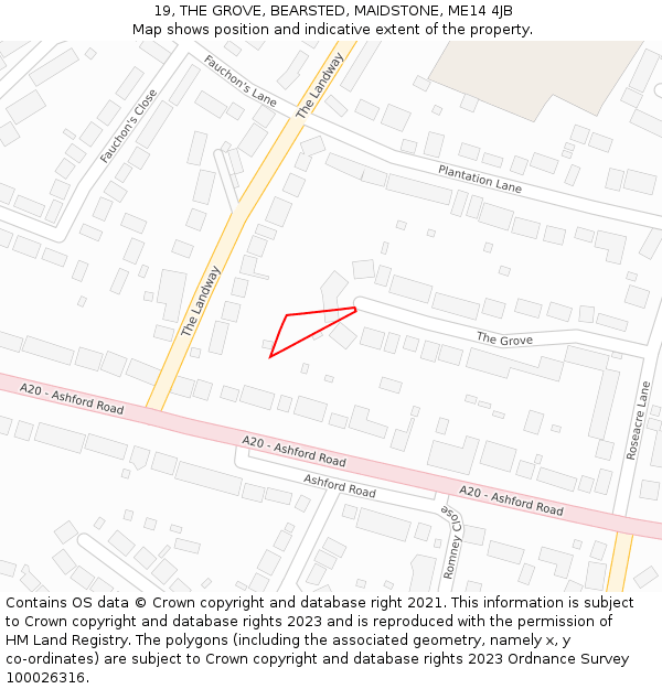19, THE GROVE, BEARSTED, MAIDSTONE, ME14 4JB: Location map and indicative extent of plot