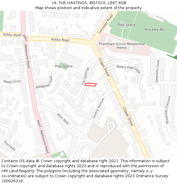 19, THE HASTINGS, IBSTOCK, LE67 6GB: Location map and indicative extent of plot