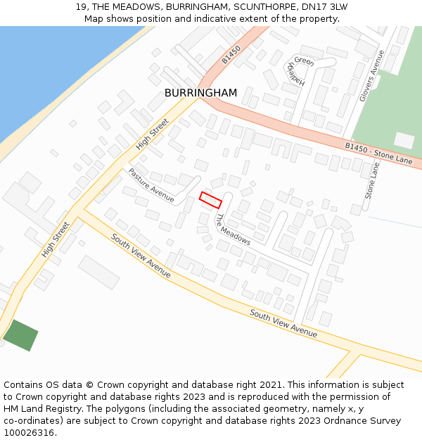 19, THE MEADOWS, BURRINGHAM, SCUNTHORPE, DN17 3LW: Location map and indicative extent of plot