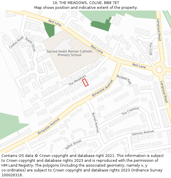 19, THE MEADOWS, COLNE, BB8 7ET: Location map and indicative extent of plot